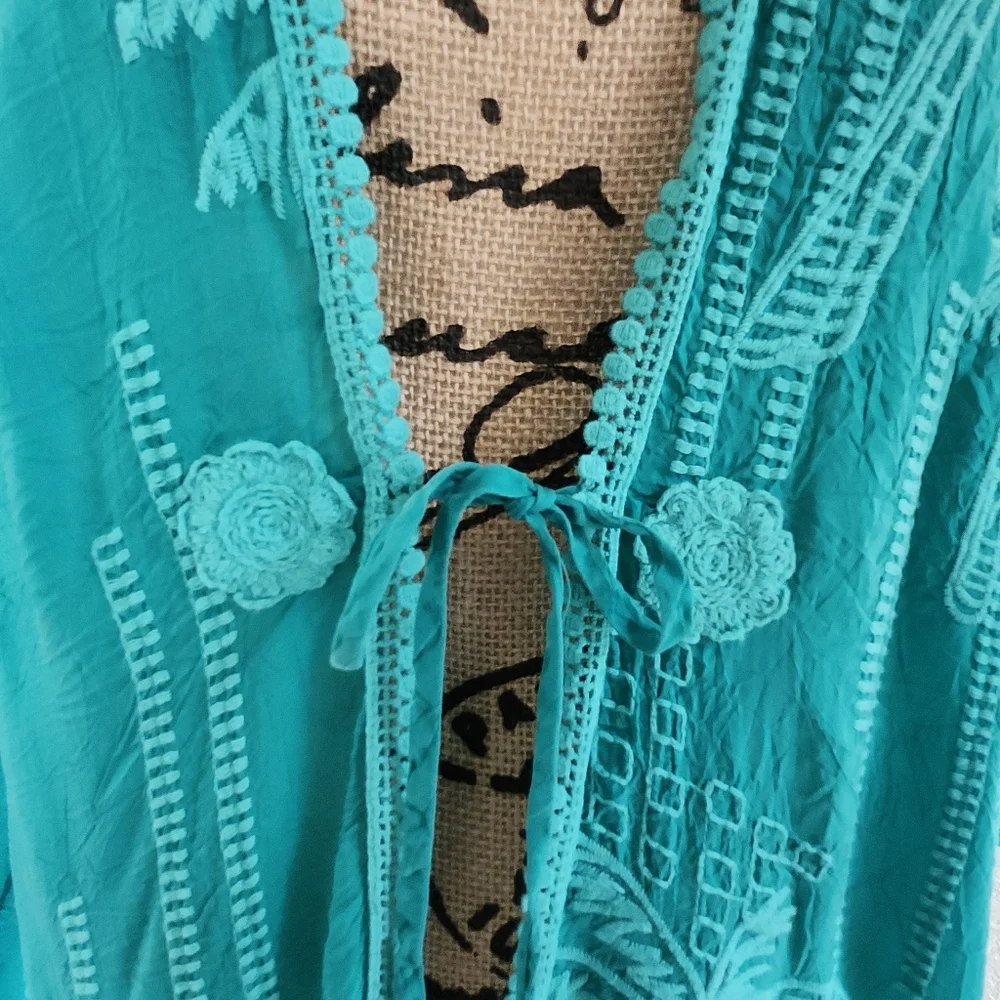 Johnny Was Georgia Teal Embroidered Kimono Duster Cover-up O/S, S, M, L, XL, 1X - Picture 5 of 7